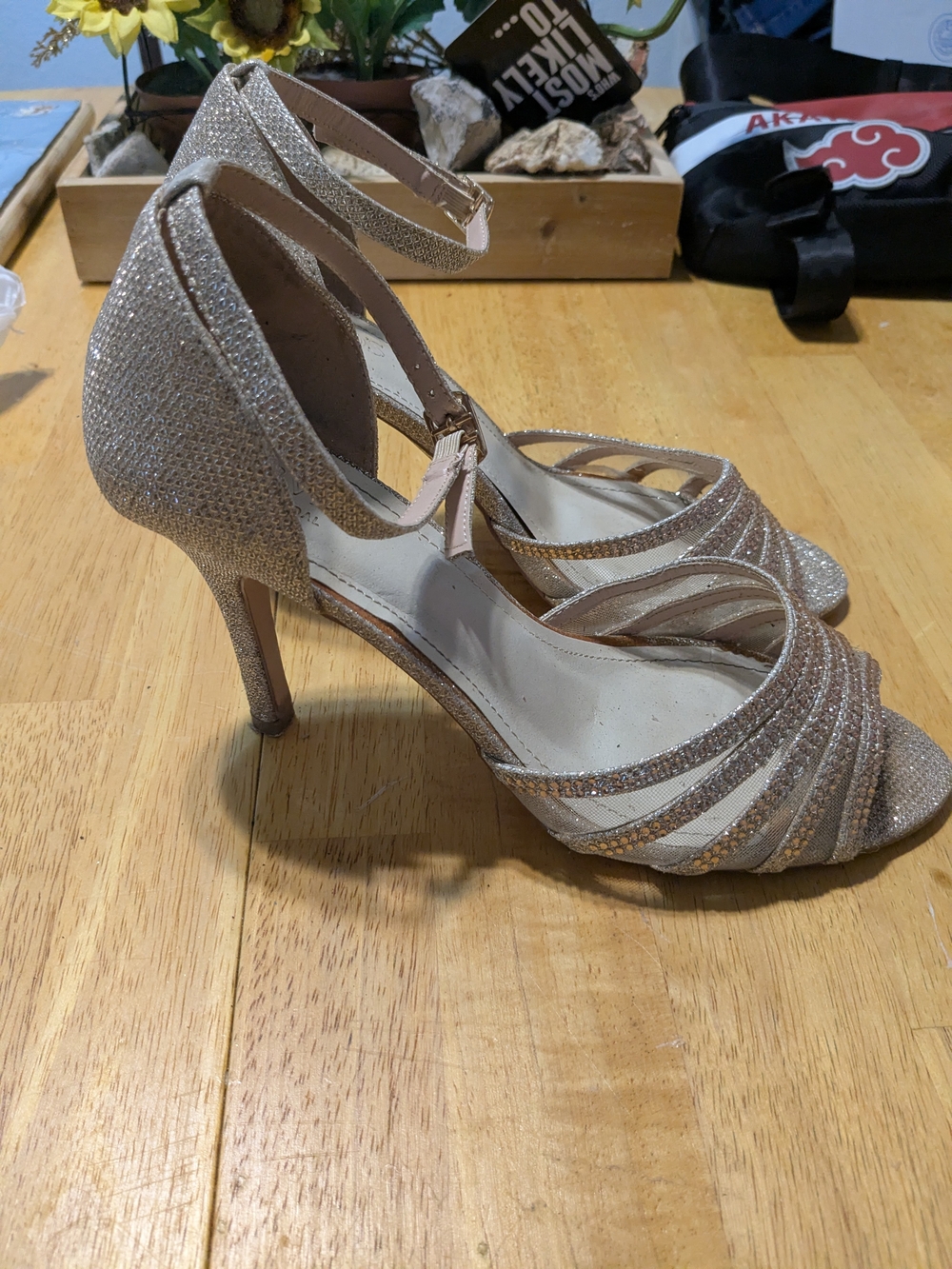 David's Bridal Rose Gold Glitter Strappy Ankle‑Tie Heels